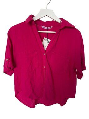 Zara Magenta Linen Blend Button-Up Top
